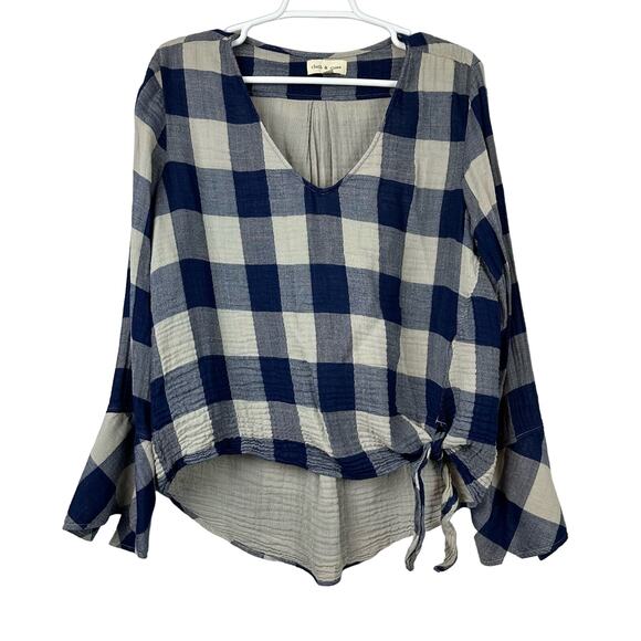 Cloth & Stone Blue Gingham Plaid Knotted High Low Blouse Large - Picture 2 of 11